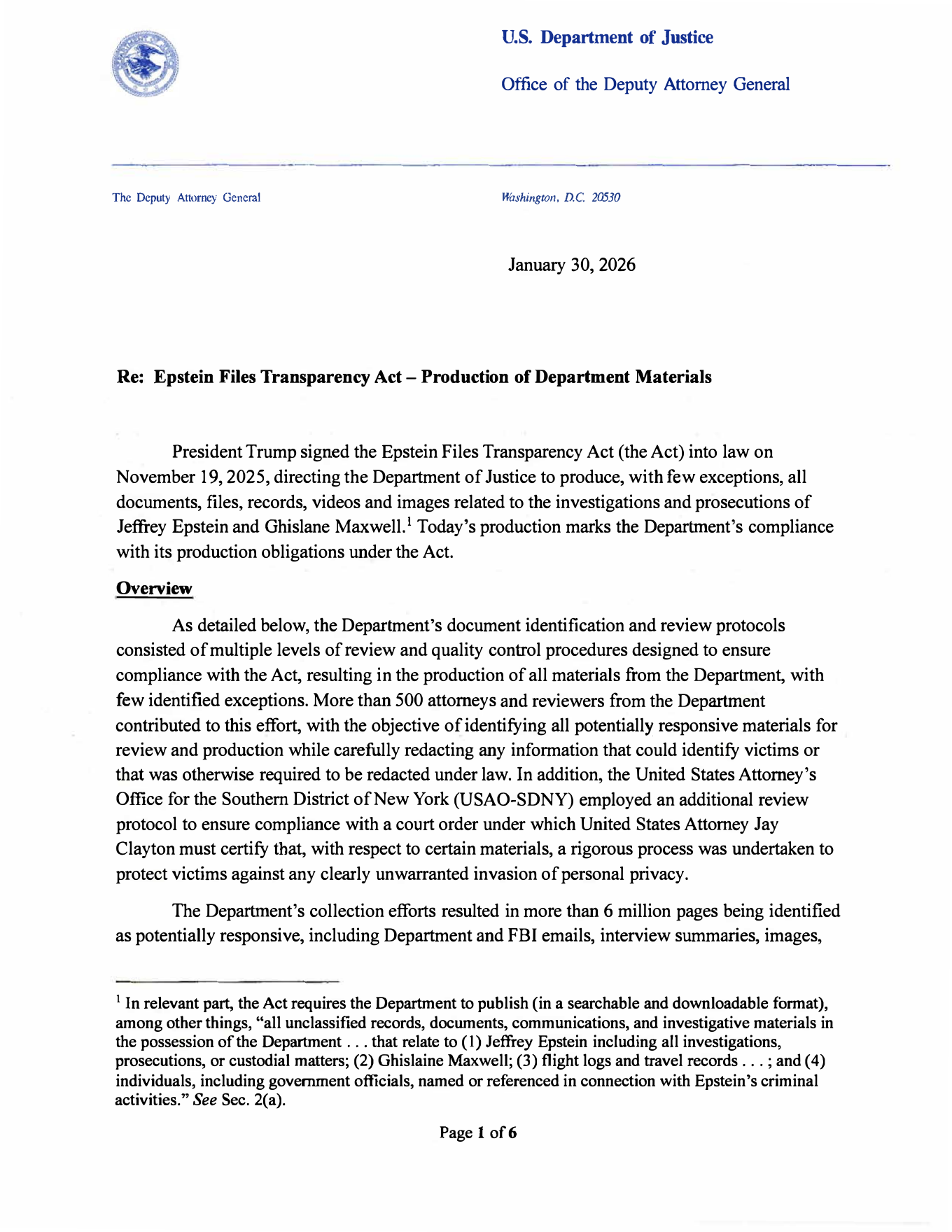 Page one of DOJ's January 30, 2026 letter to Congress on Epstein Files Transparency Act compliance