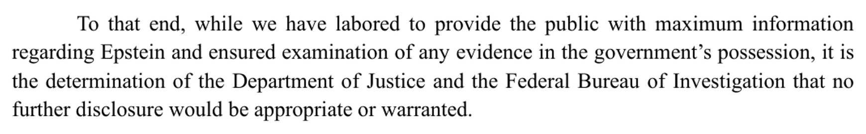 DOJ/FBI July 2025 memorandum excerpt: no further disclosure would be appropriate or warranted