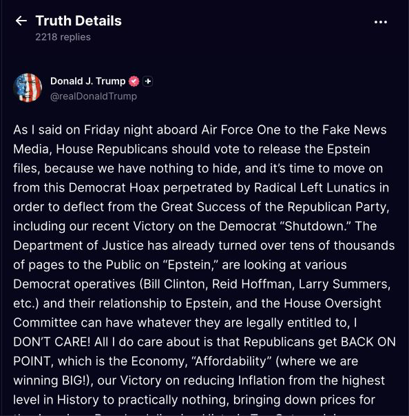 Trump's November 16, 2025 Truth Social post saying House Republicans should vote to release the Epstein files