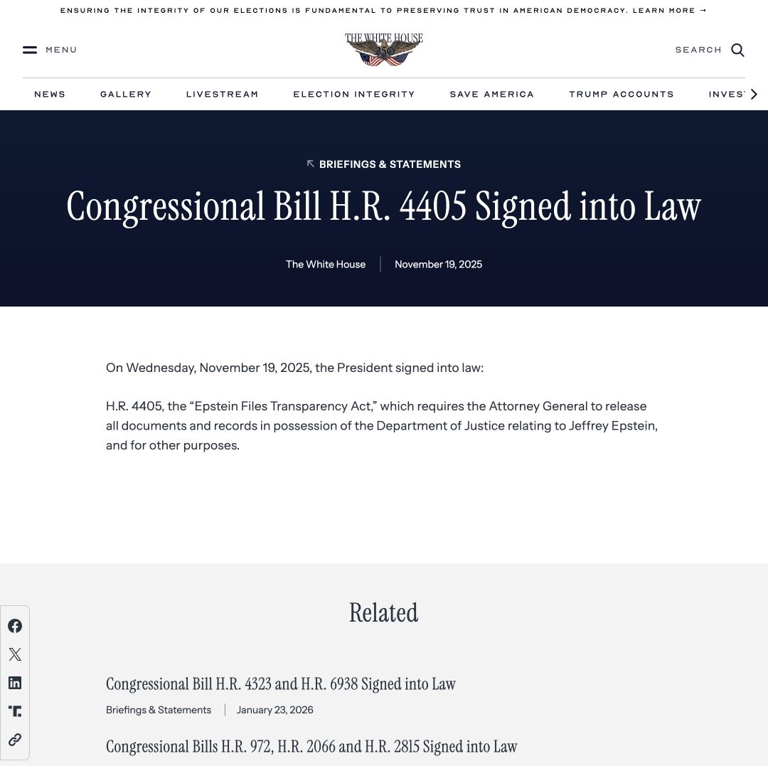The White House's two-sentence notice that H.R. 4405 was signed into law